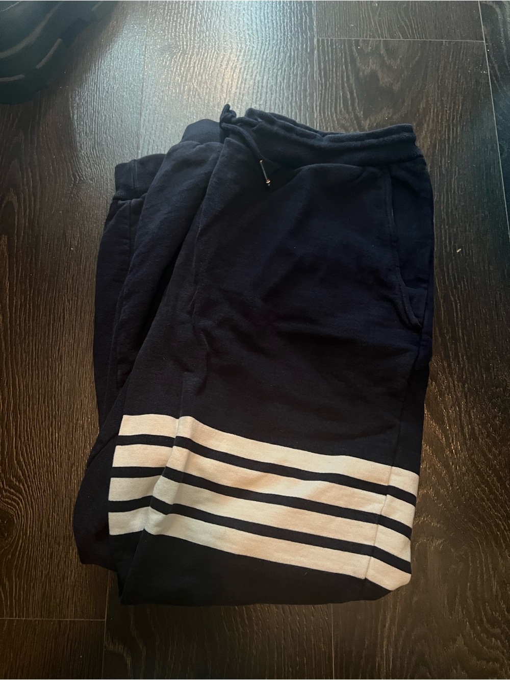Thom Browne Navy Jogger Pants with White Stripes